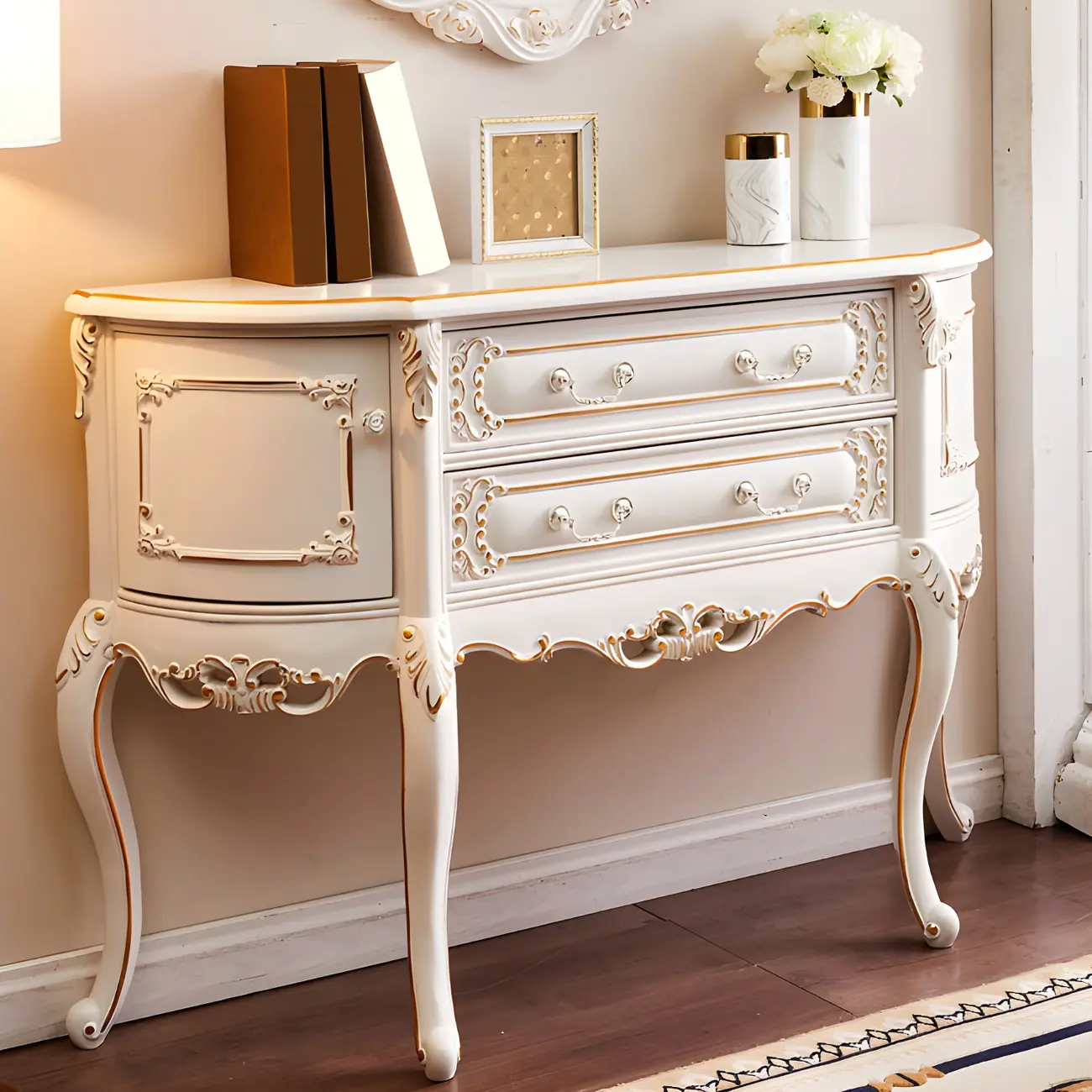 French White Wood Console Table with Drawers in Scratchproof