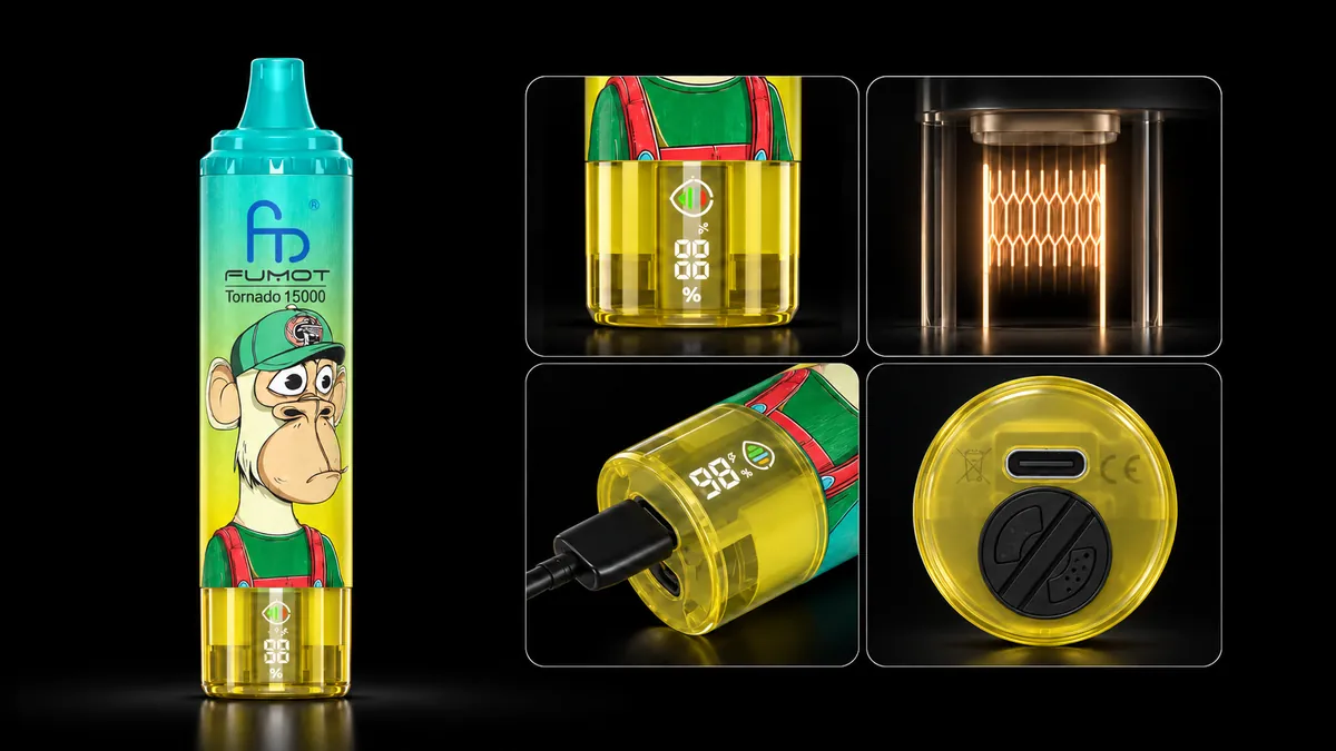 FUMOT Tornado 15000 Cool Mint – Detailansichten von Display, Heizsystem, USB-C-Anschluss und Luftregulierung