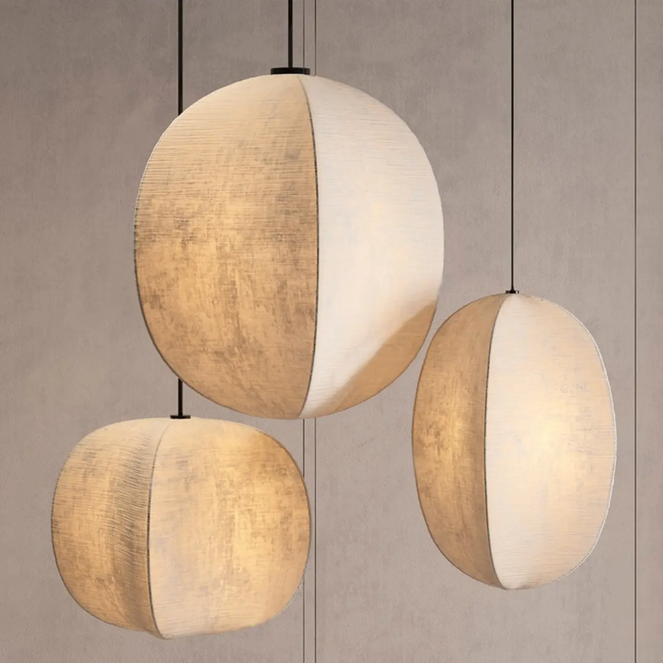 Modern Beige Fabric Geometric Pendant Light Adjustable Height