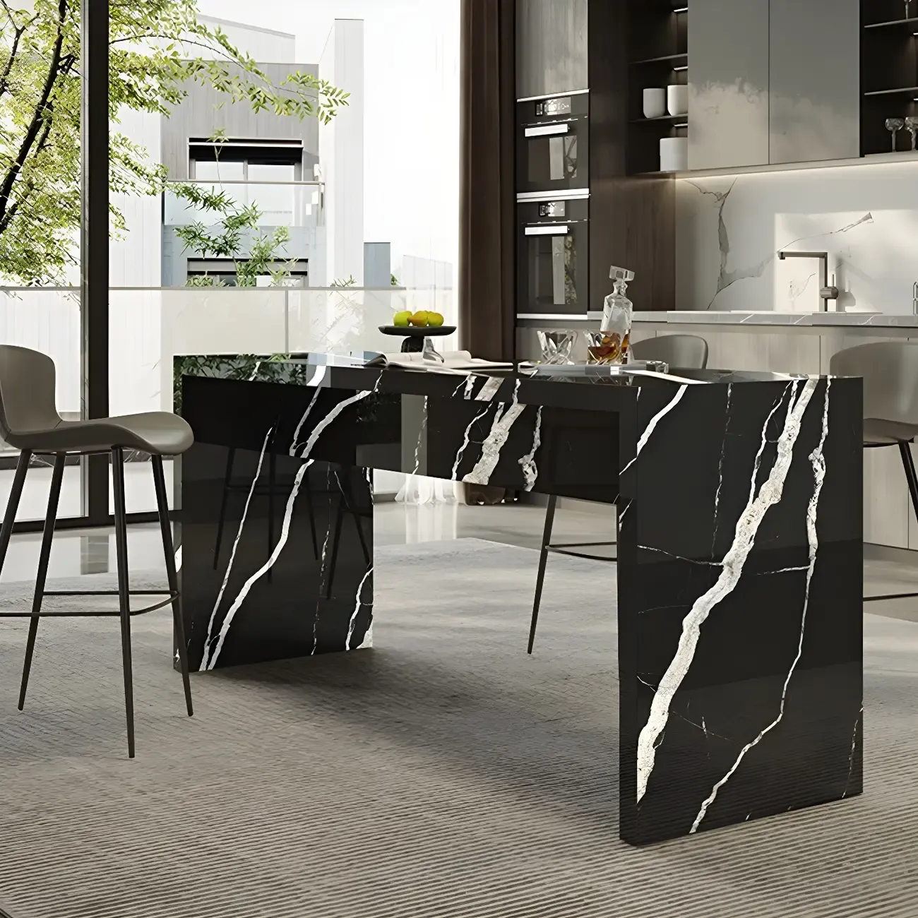 Elegant Black Marble Double Pedestal Bar Table