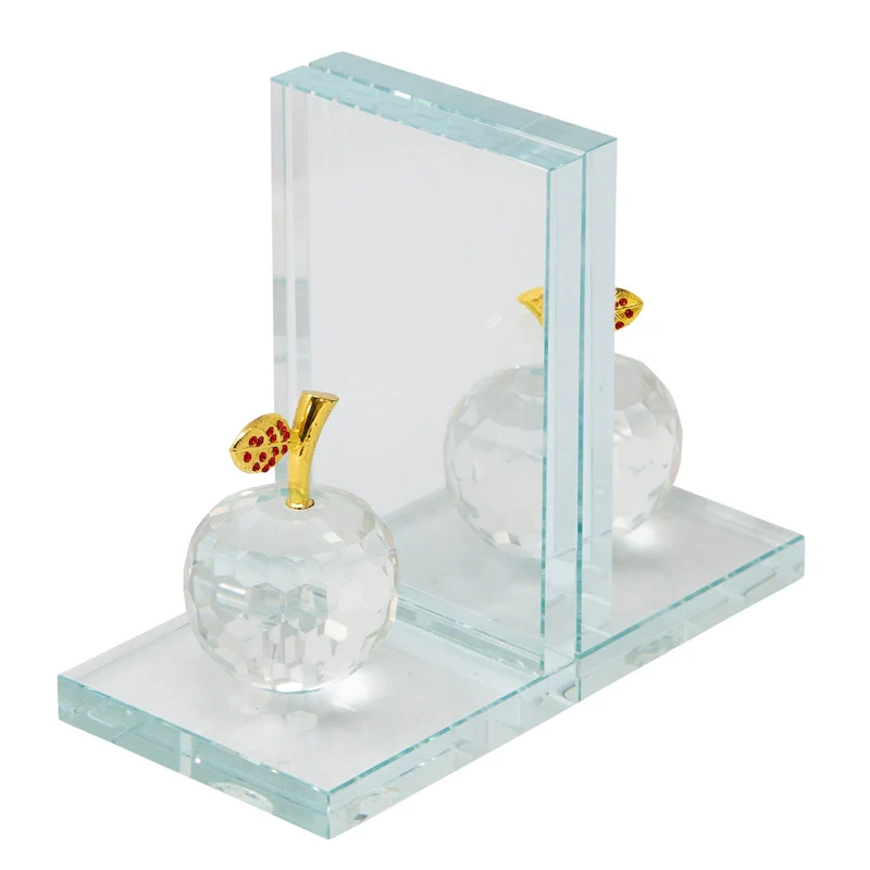 Set of 2 Crystal Apple Decorative Bookends, Home or Office Decor, Clear and Frosted, 4 L x 4 W x 6.5 H - 4  x 4  x 6.5