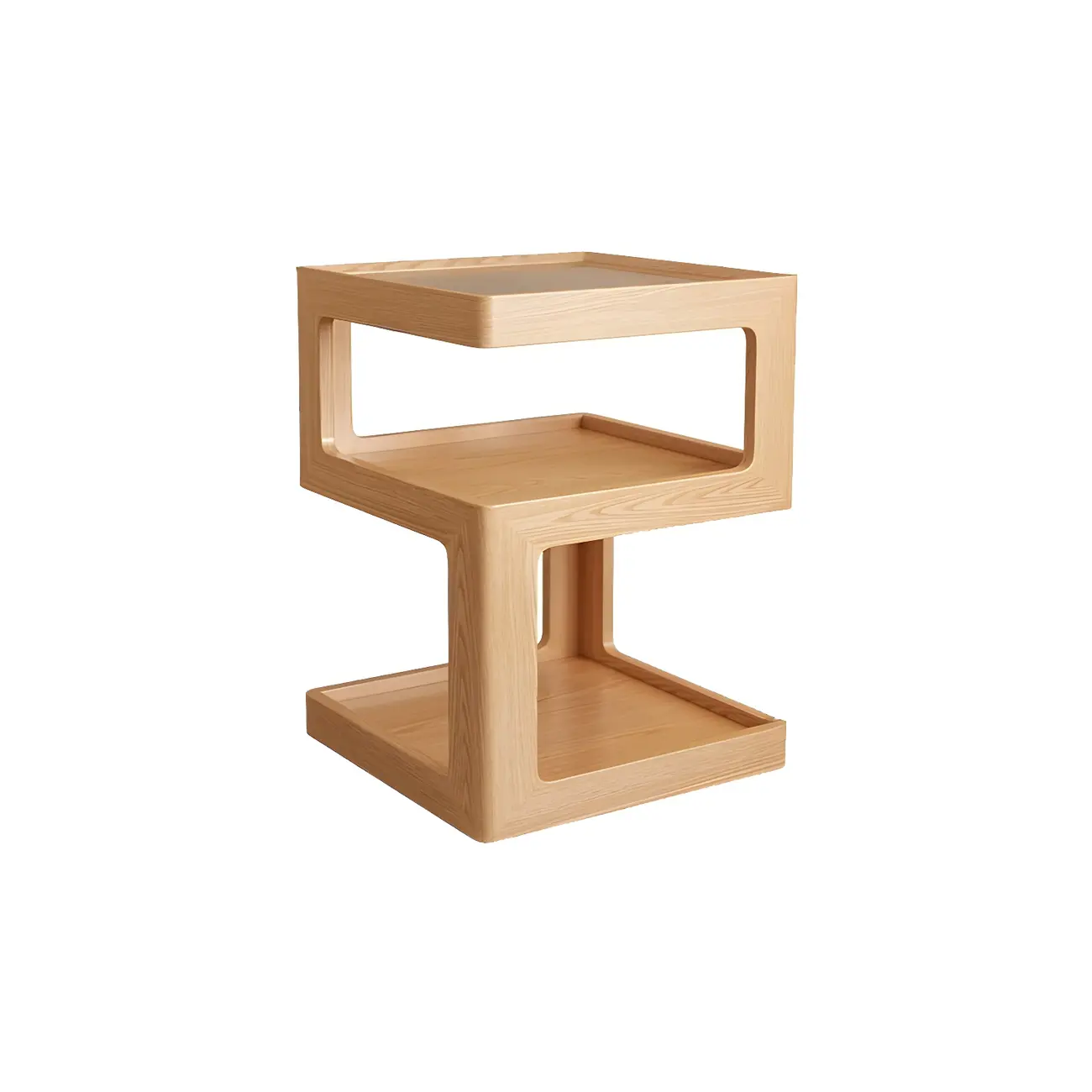 Narrow Wood and Glass Nut-Brown Shelves Nightstand with Light