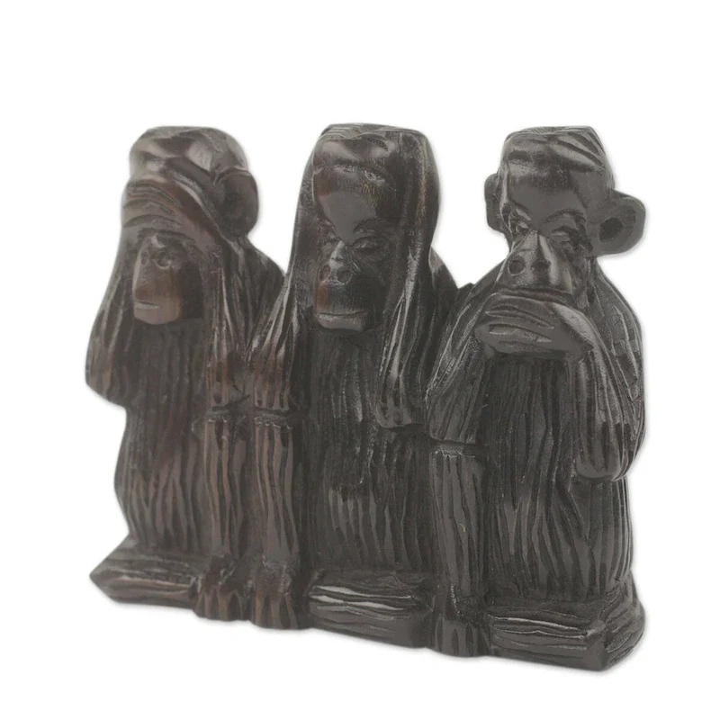 Handmade Monkey Wisdom (4.5 inches) Ebony sculpture (Ghana) - 17 x 15 x 7