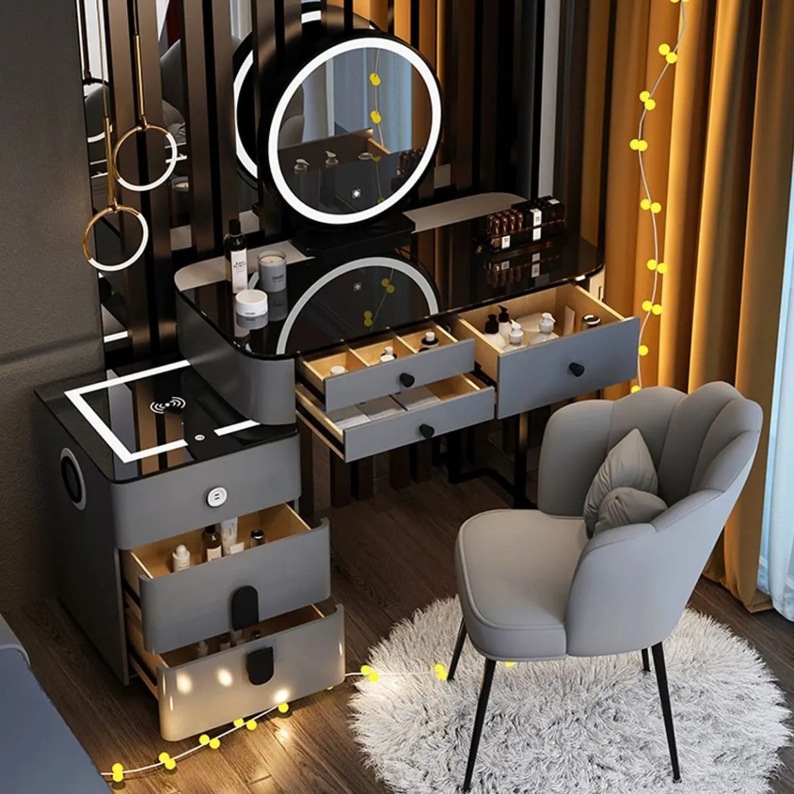 Modern white makeup vanity table featuring 120cm width, 3-color dimming LED mirror, and matching cushioned stool for bedroom.