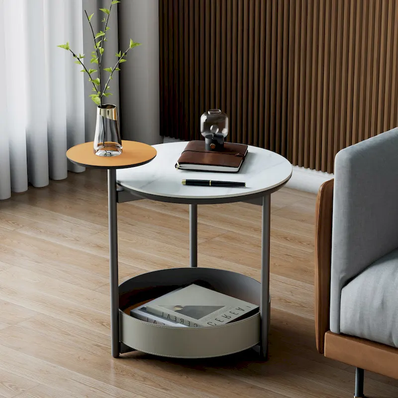 Unique Round Side End Table with 3-Tiers,Sintered Stone-top,Microfiber Saddle Leather Shelves,Accent Bedside Table for Room