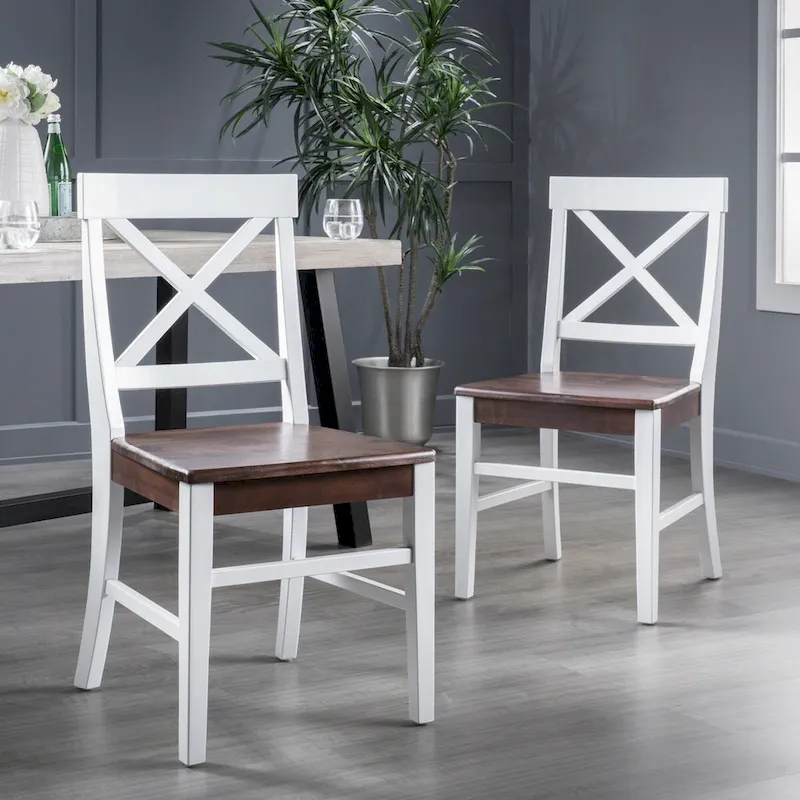 Farmhouse Acacia Wood Dining Chairs, White / Walnut 21D x 17.75W x 35.5H Inch