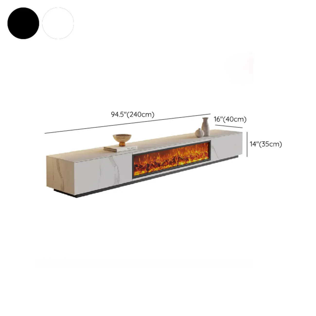 94.5 White Rectangle Stone TV Stand with Fireplace & Light