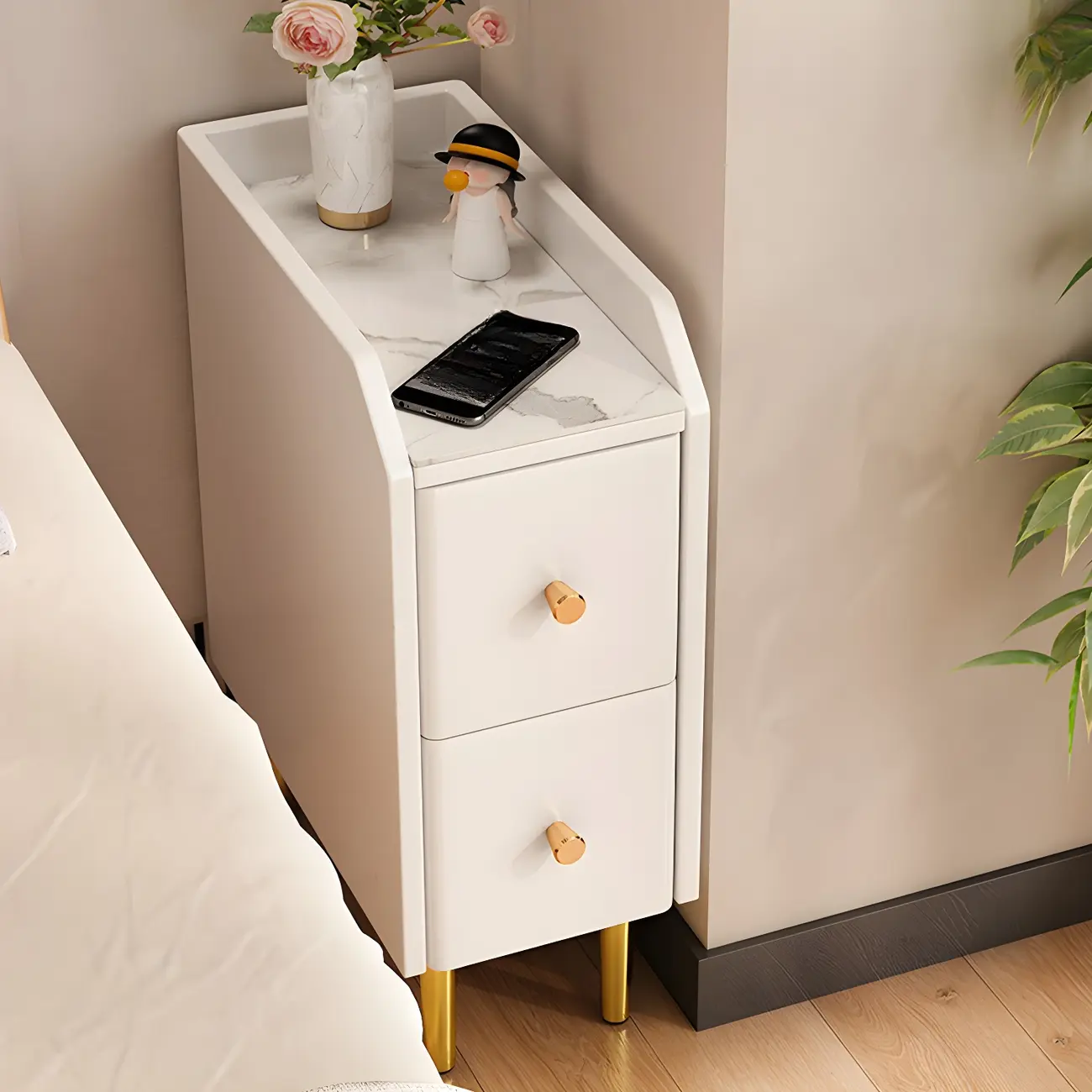 Narrow Faux Leather Drawer Nightstand with Stone Countertop