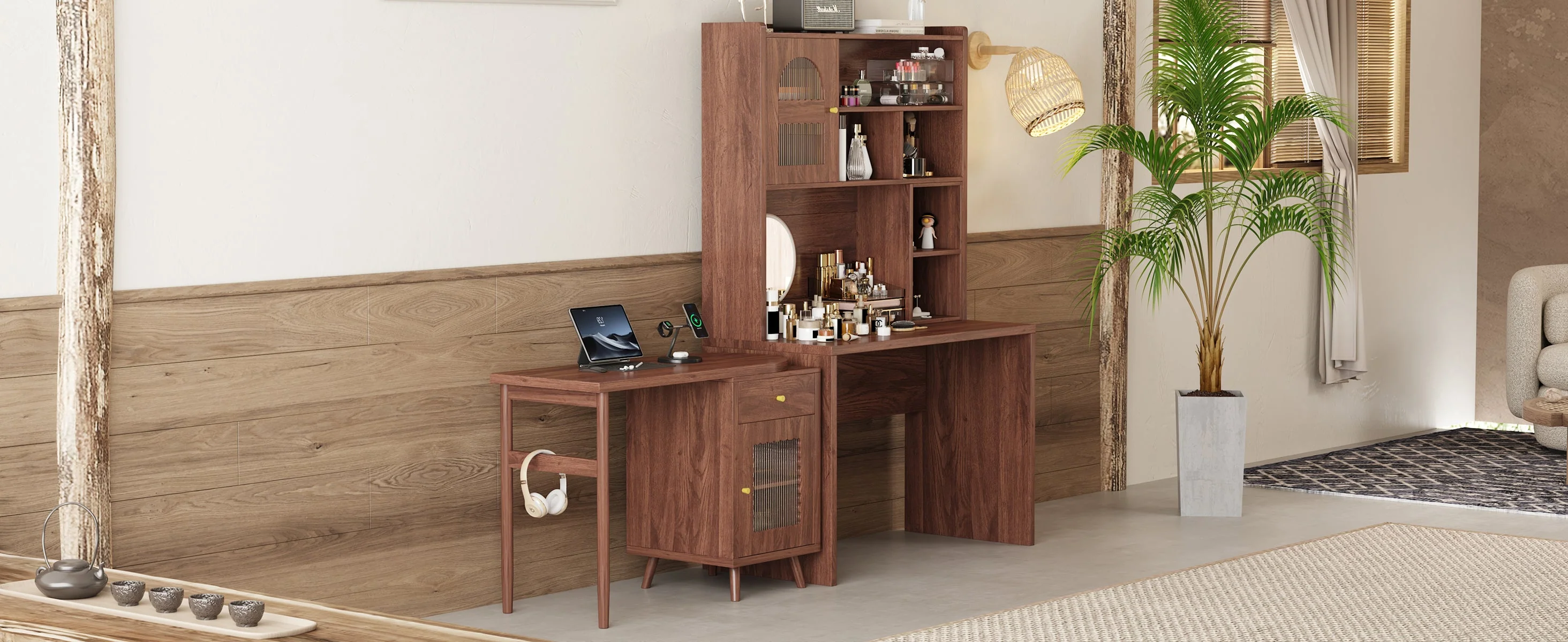 Walker Edison | Computer Desk with 90 Degree Rotating Desktop and Storage