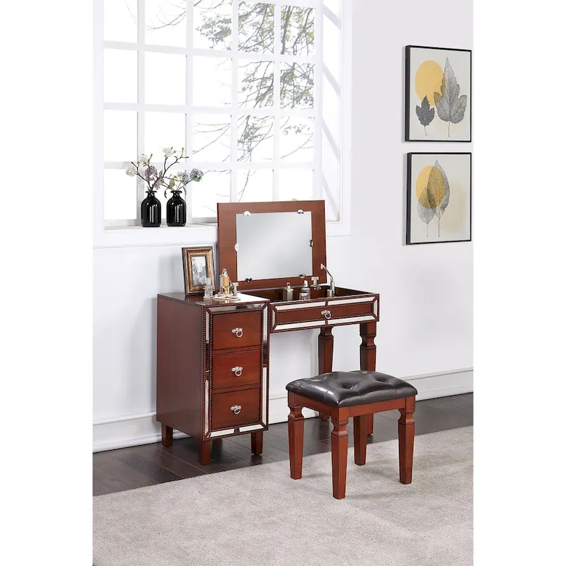 Fabric and Wood Vanity Set with Stool