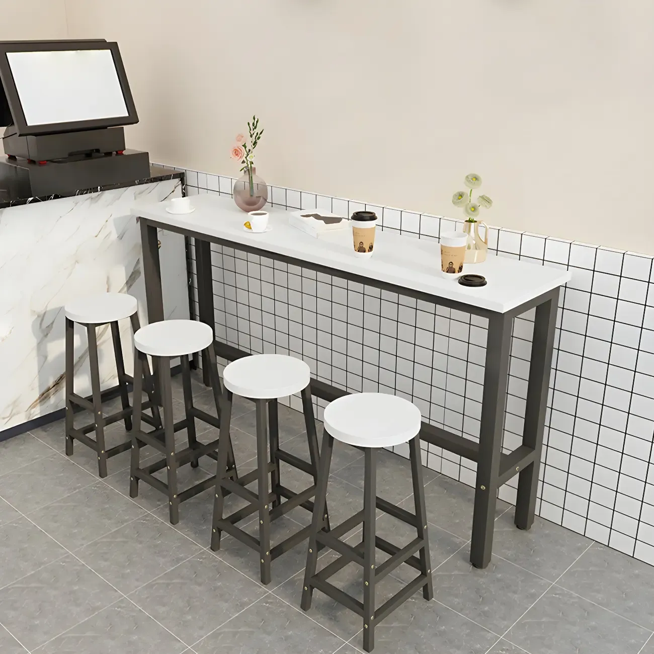 Rectangular Natural Wood Metal Trestle Bar Tables