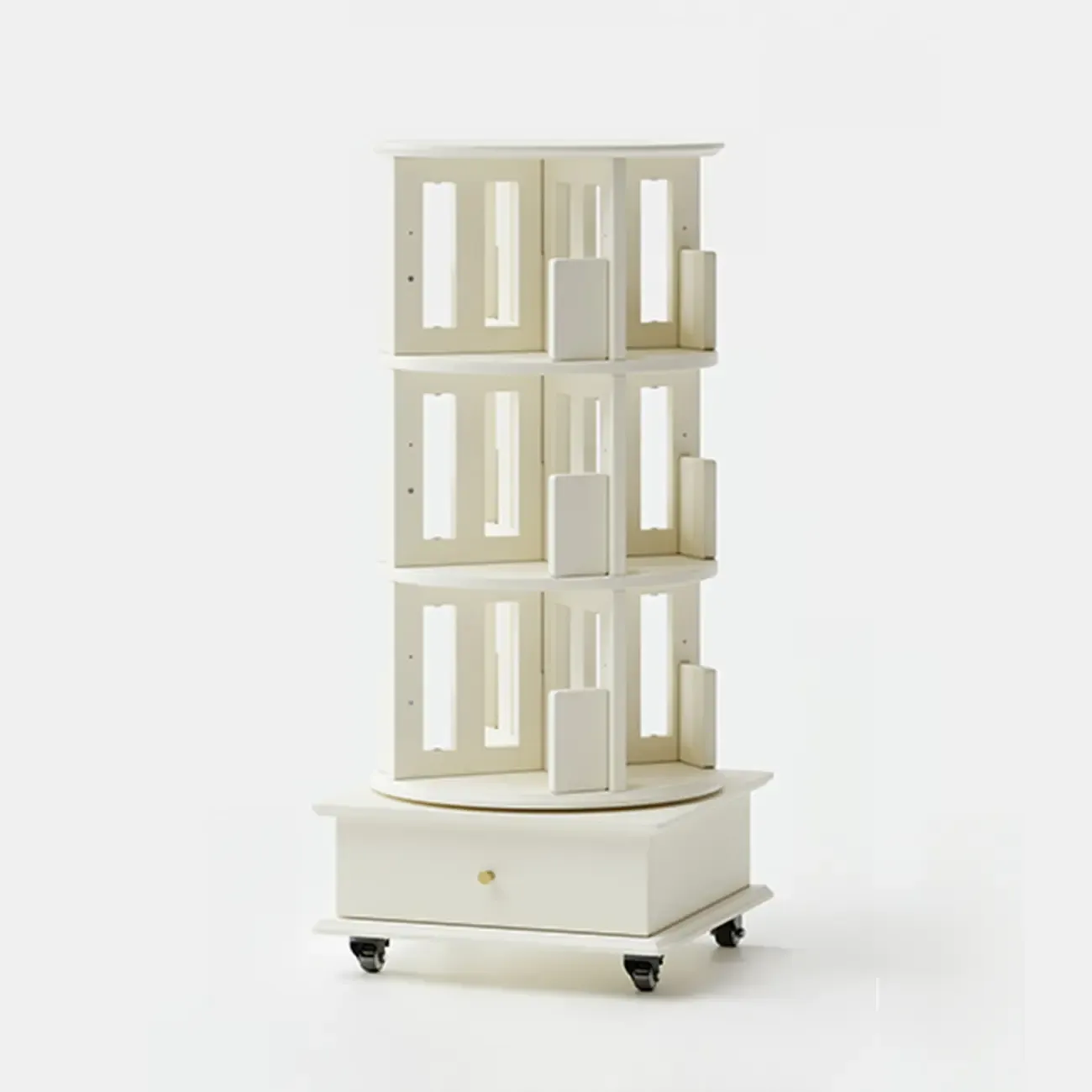 Cylindrical Movable 360° Rotating Wooden Bookshelf with Drawer