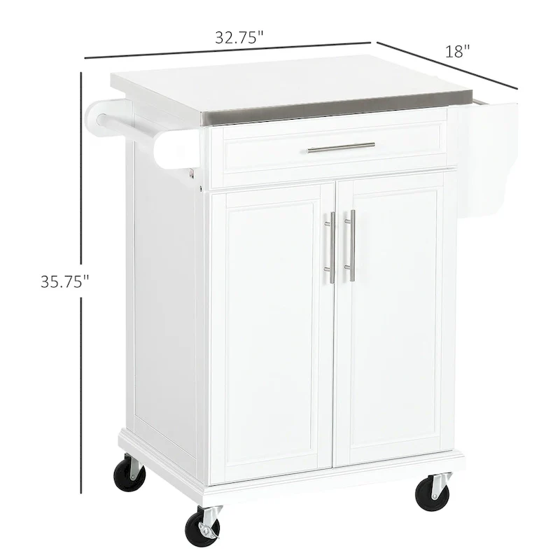 Kitchen Island on Wheels, Rolling Kitchen Cart with Stainless Steel Countertop, Drawer, Towel Rack and Spice Rack