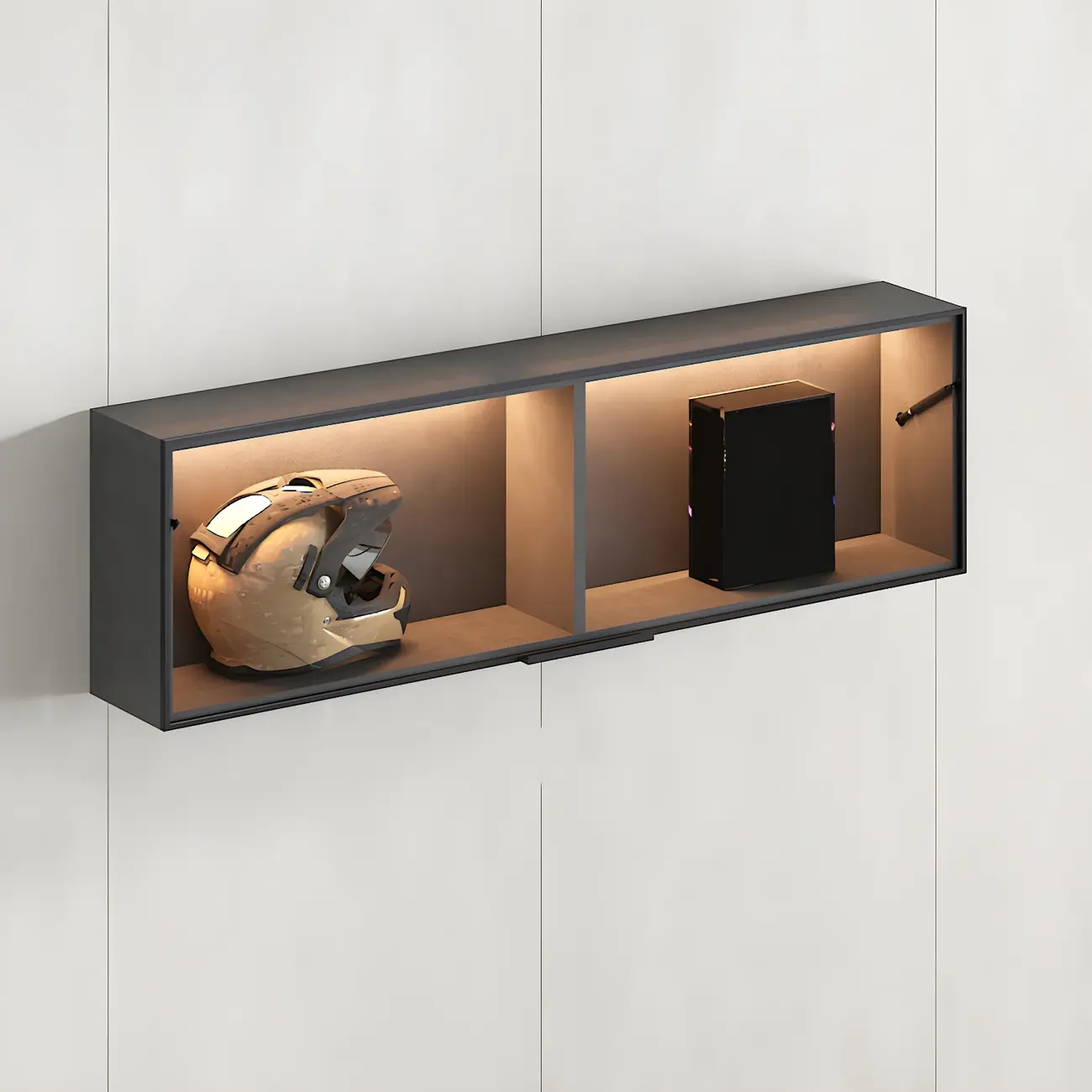 Black Wall Mount Wood 2-Cube Display Cabinet with Light