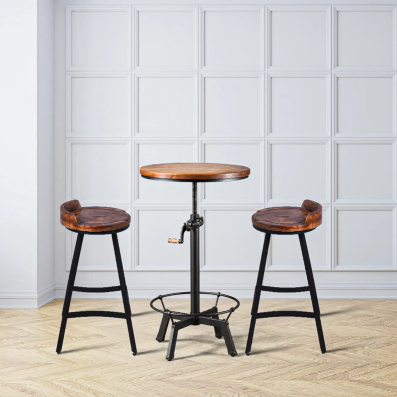 Adjustable Height Industrial Wood Iron Pedestal Bar Table