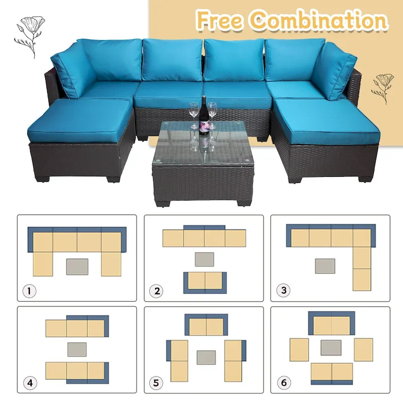 7-Piece Rattan Wicker Cushioned Sofa Sets with Coffee Table