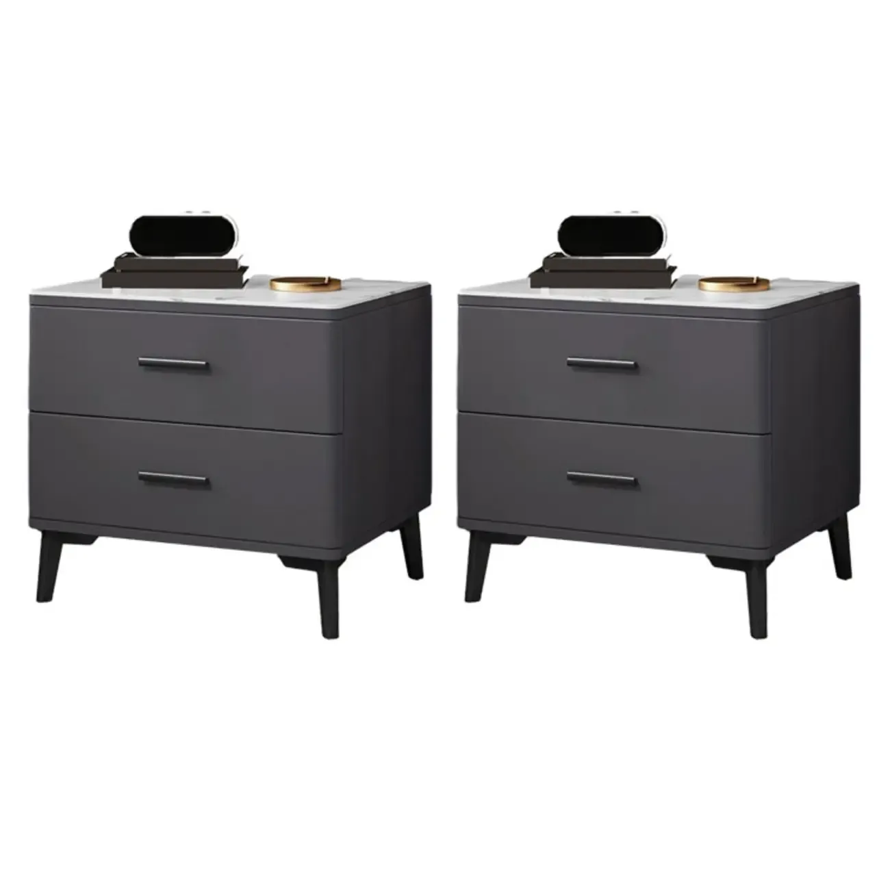 Modern White Stone Top Oak 2-Drawer Nightstand