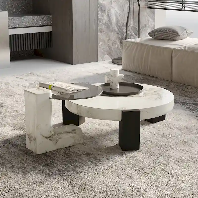 Modern Round Nesting Coffee Table Set of 2 With Glass Top