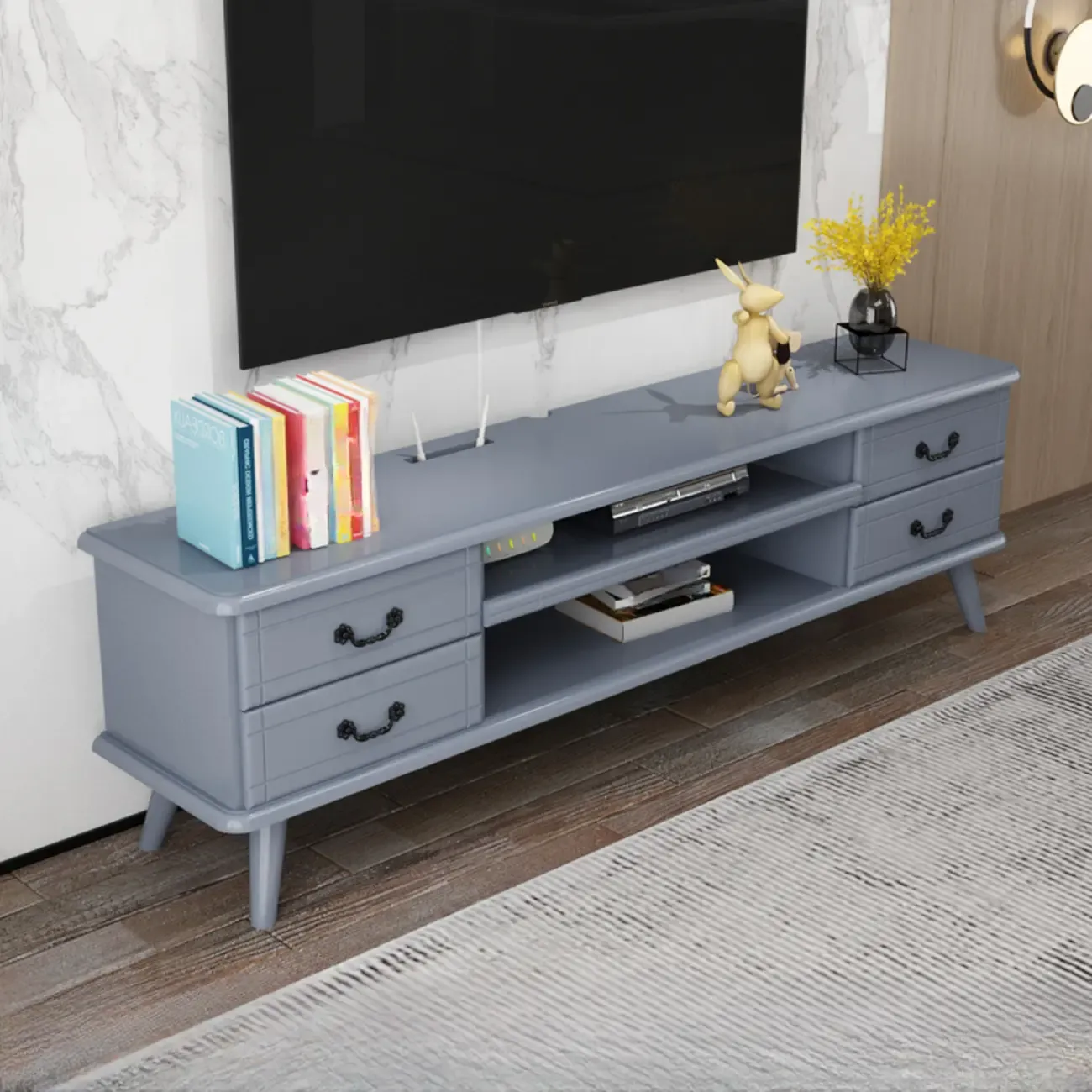 Living Room Wood Brown-White Cable Management TV Stand
