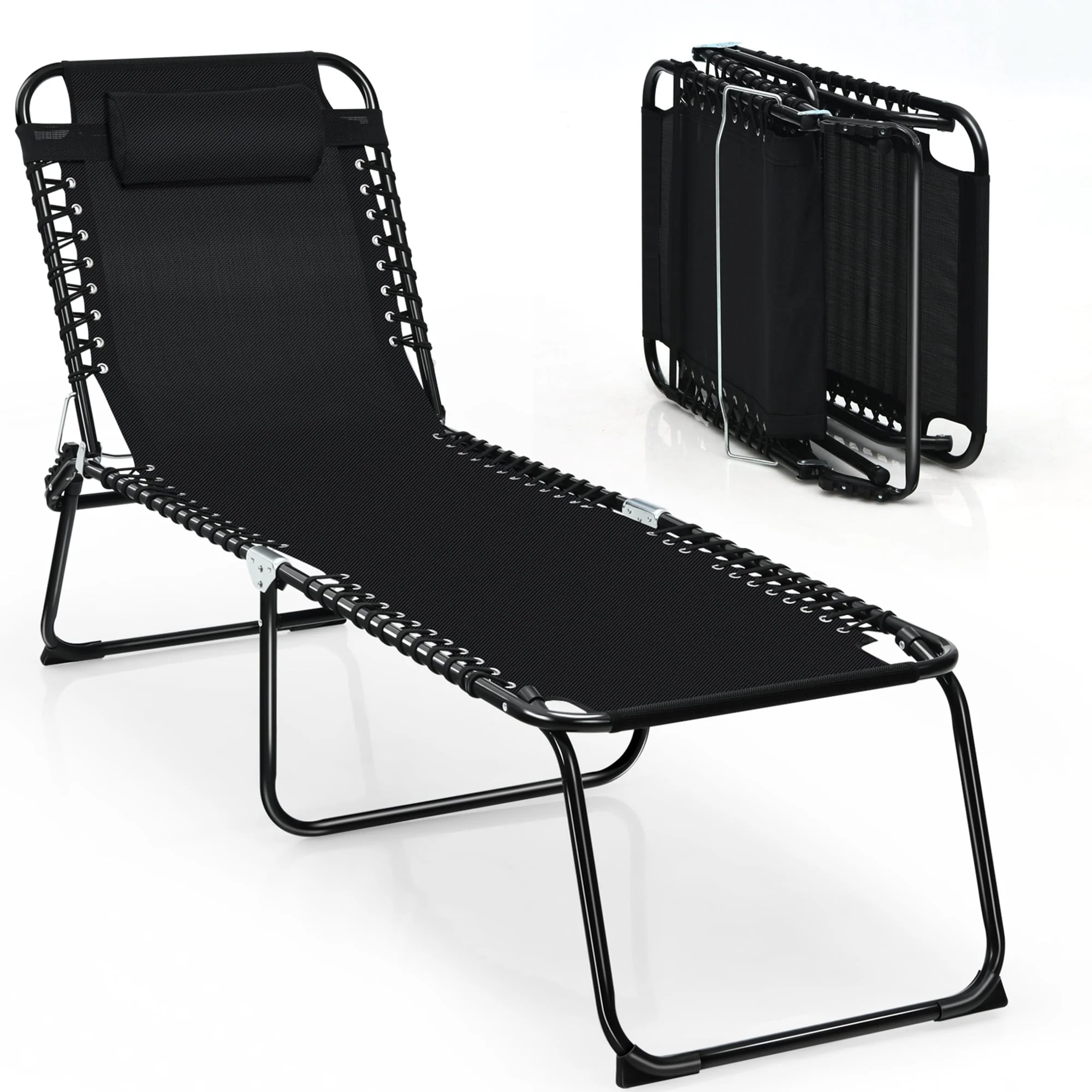 Gymax Folding Beach Lounger Chaise Lounge Chair w/ Pillow 4-Level