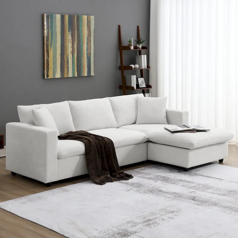 4-Seat Polyester L-Shaped Sectional Sofa with Convertible Ottoman
