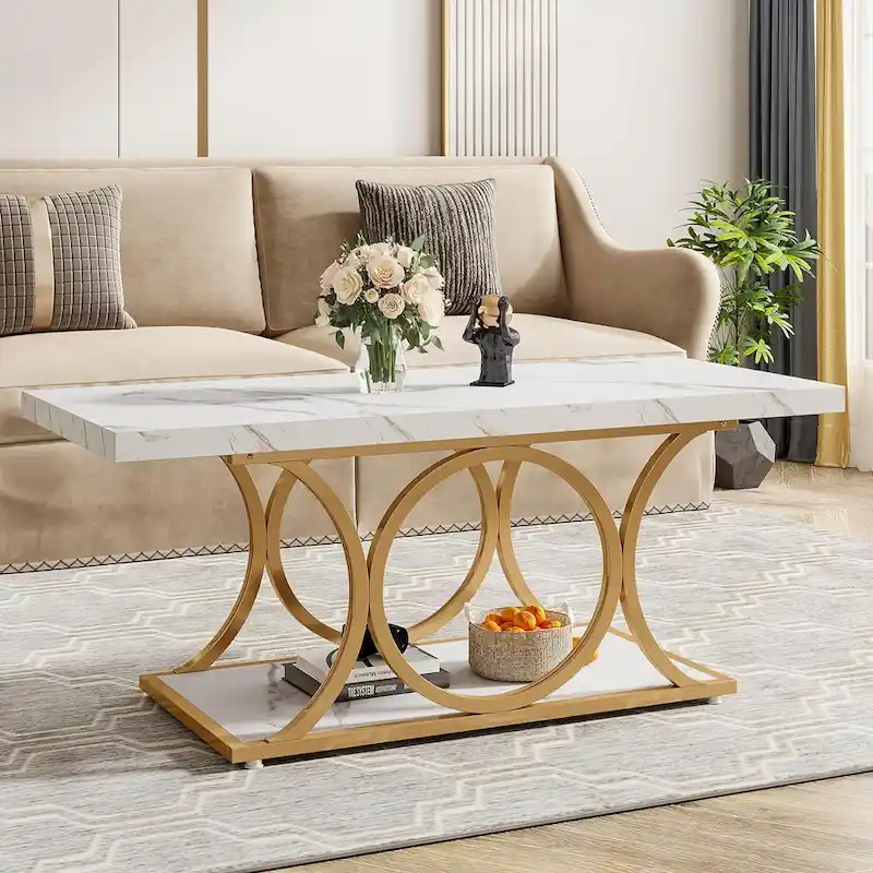 47.24-inch Rectangle Coffee Table, 2-Tier Modern Faux Marble Coffee Tables