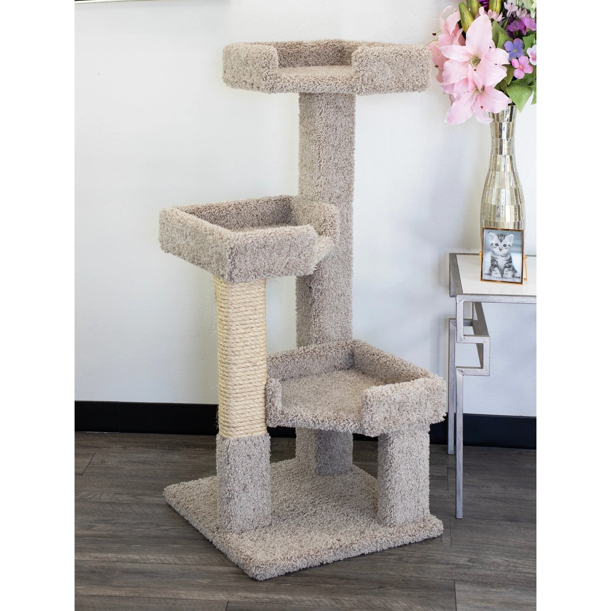 New Cat Condos 3 Level Solid Wood and Carpet Kitty Tree