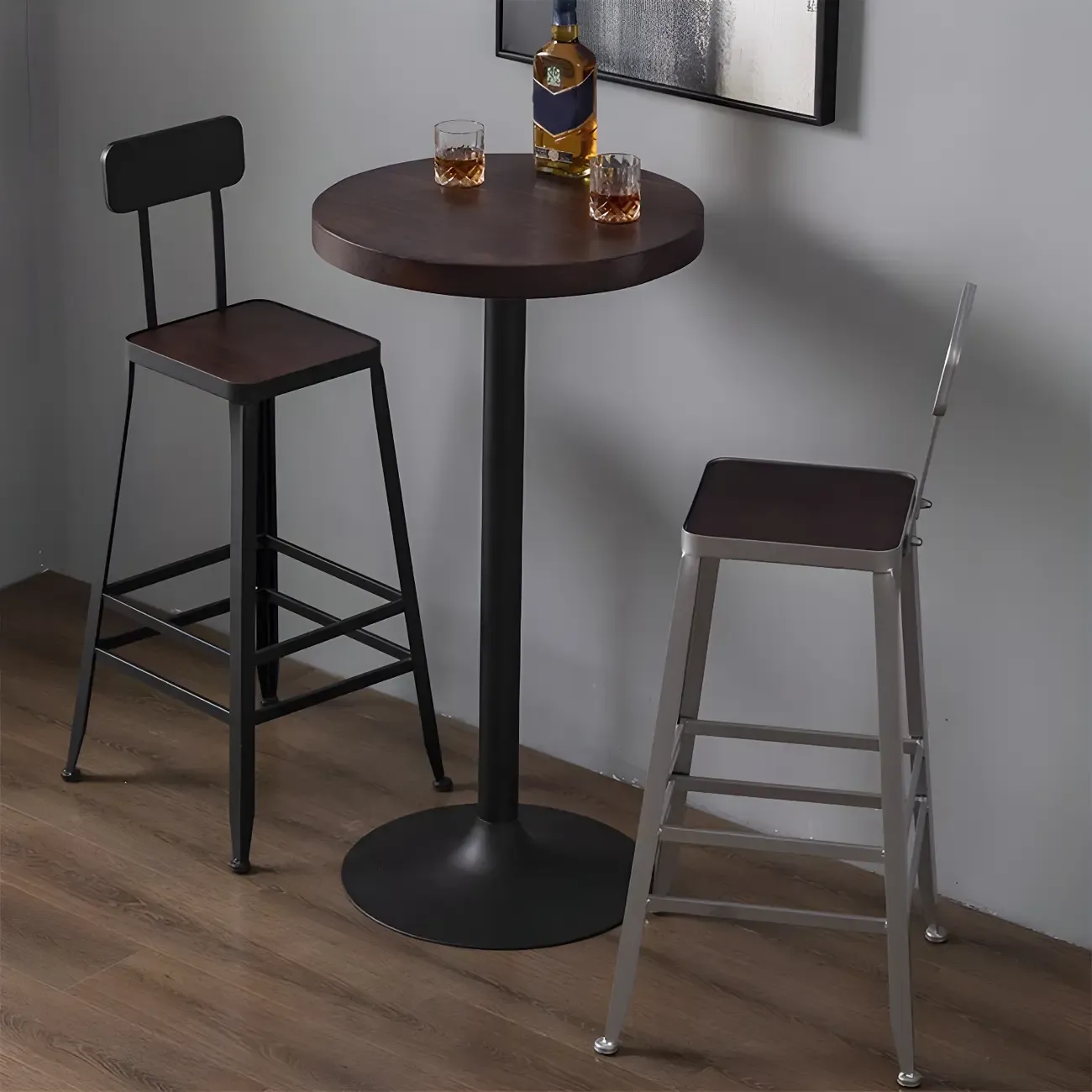 Industrial Brown Wooden Metal Pedestal Bar Tables
