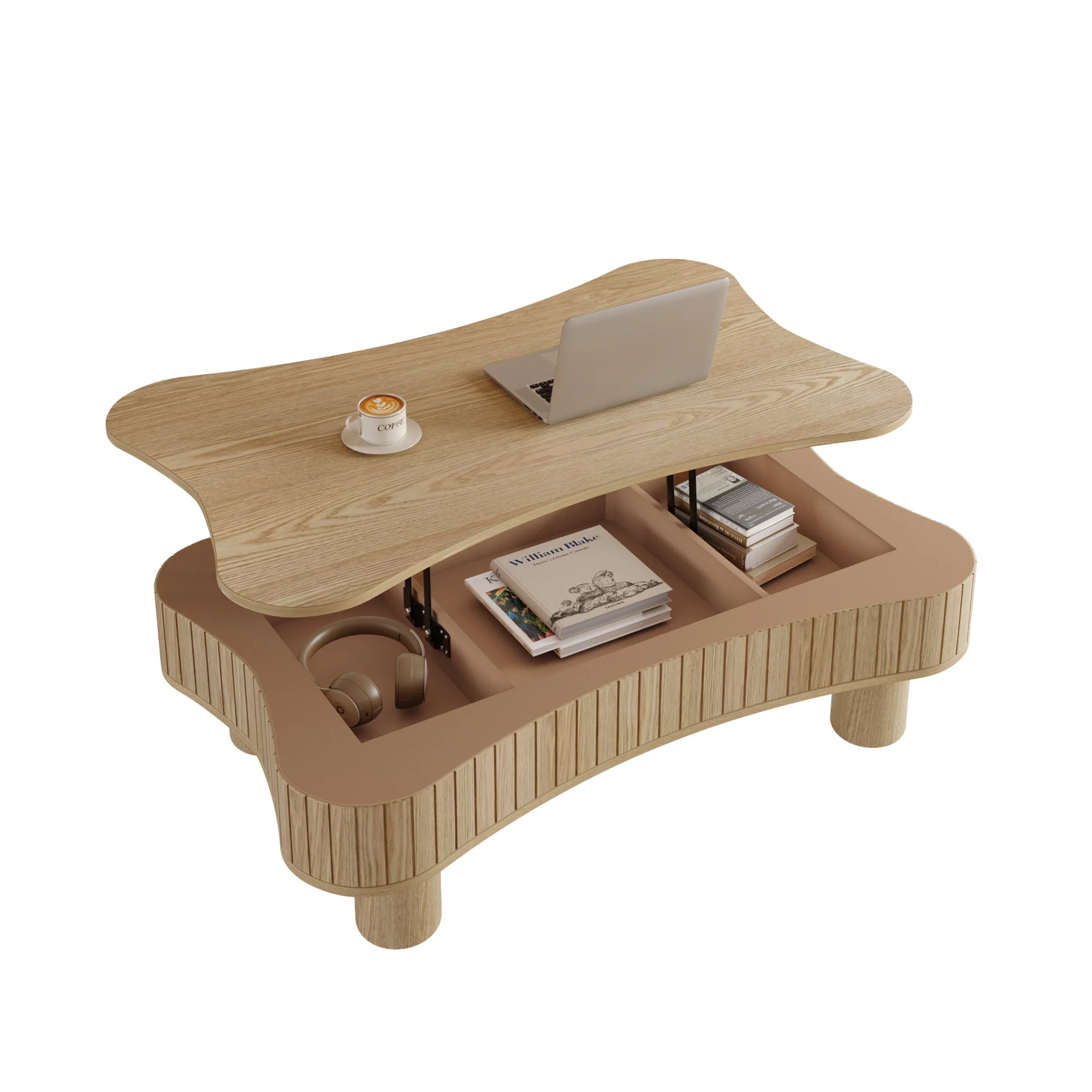 Walker Edison | Curve Design Reeded Lift Top Coffee Table and Desk