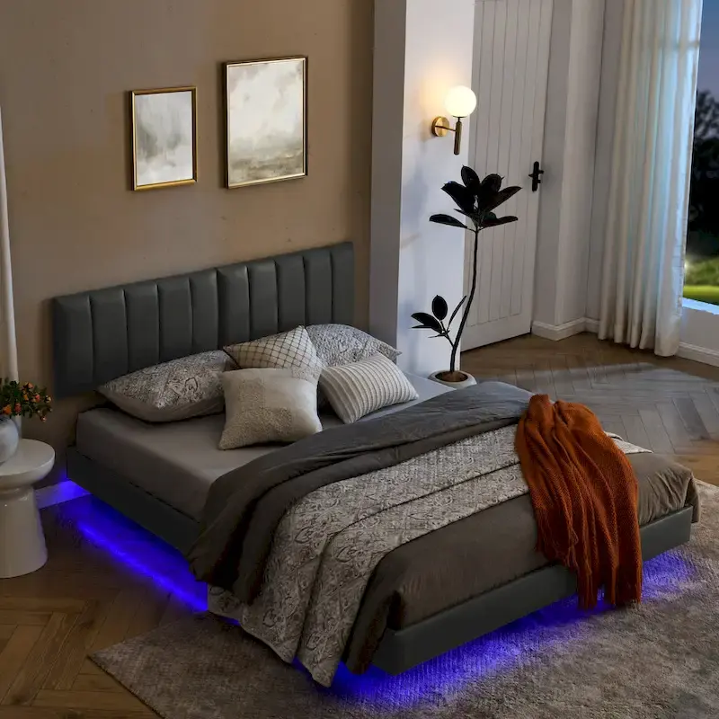 Floating Bed Frame With Led Lights And Wall Mounted Headboard