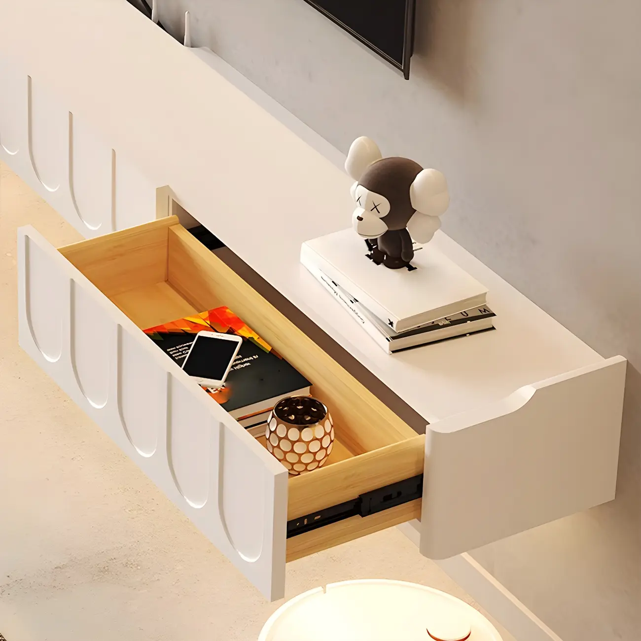 65 Long White Floating Wood U-Pattern TV Stand with Cabinet