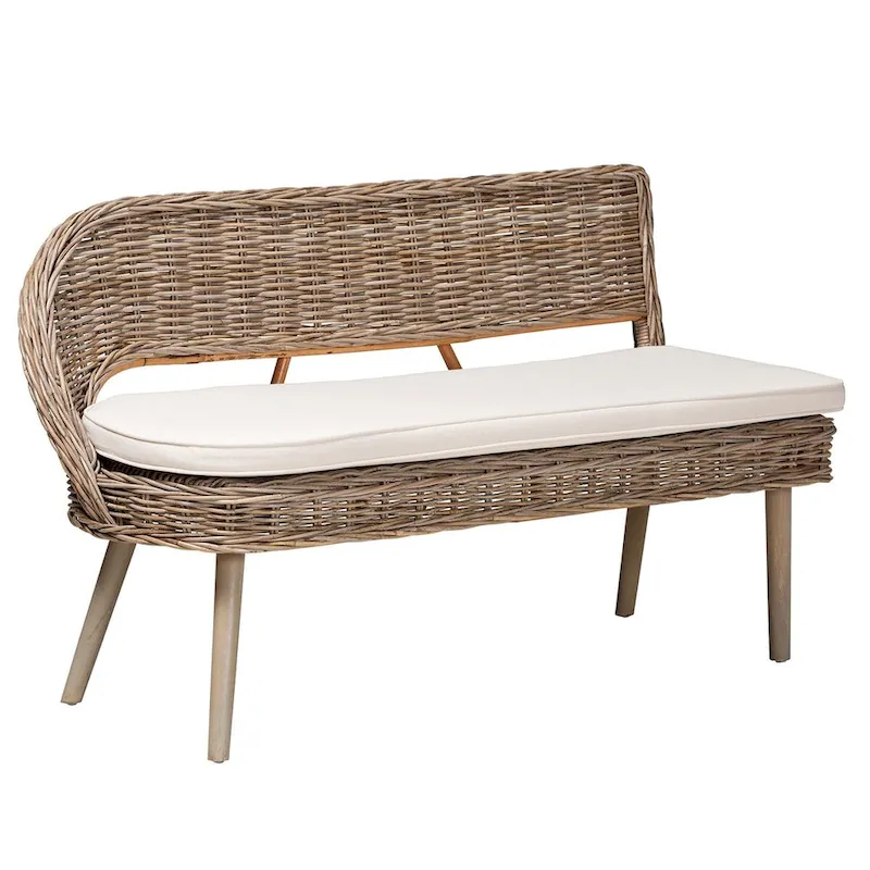 Raisa Modern Bohemian Natural Kubu Rattan Bench and Wood Table Dining Nook Set