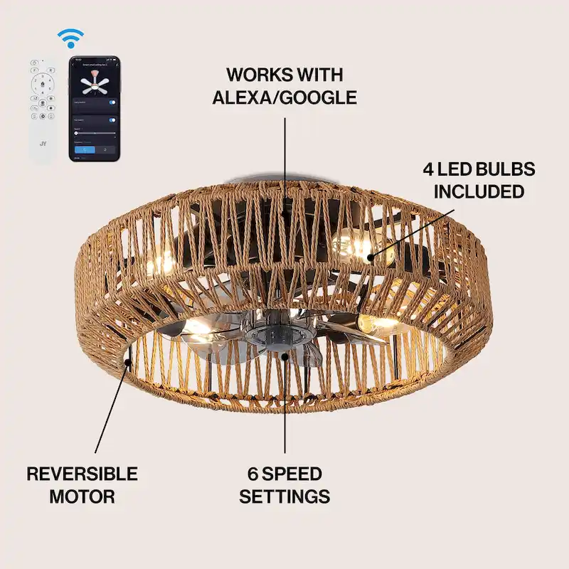 Ceiling Fan, Remote-Controlled, Modern Bohemian, By JONATHAN Y - 7.5 H x 19.5 L x 19.5 W