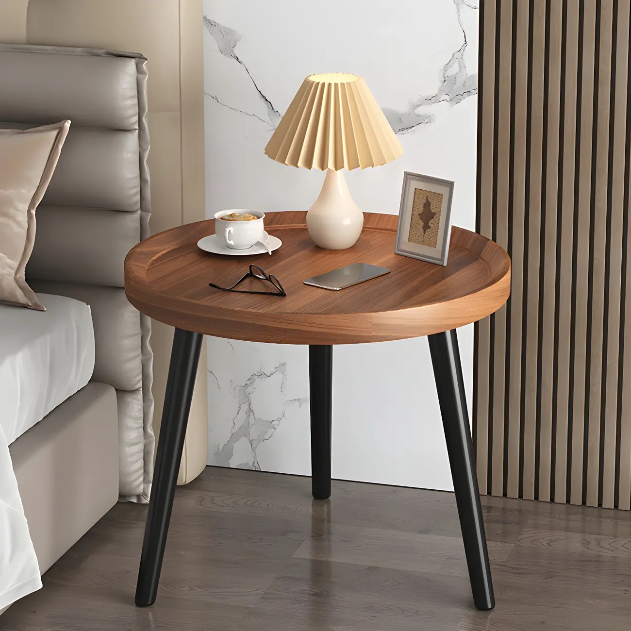 Natural Espresso Wood Small Round End Side Table with Tray Top & Shelf