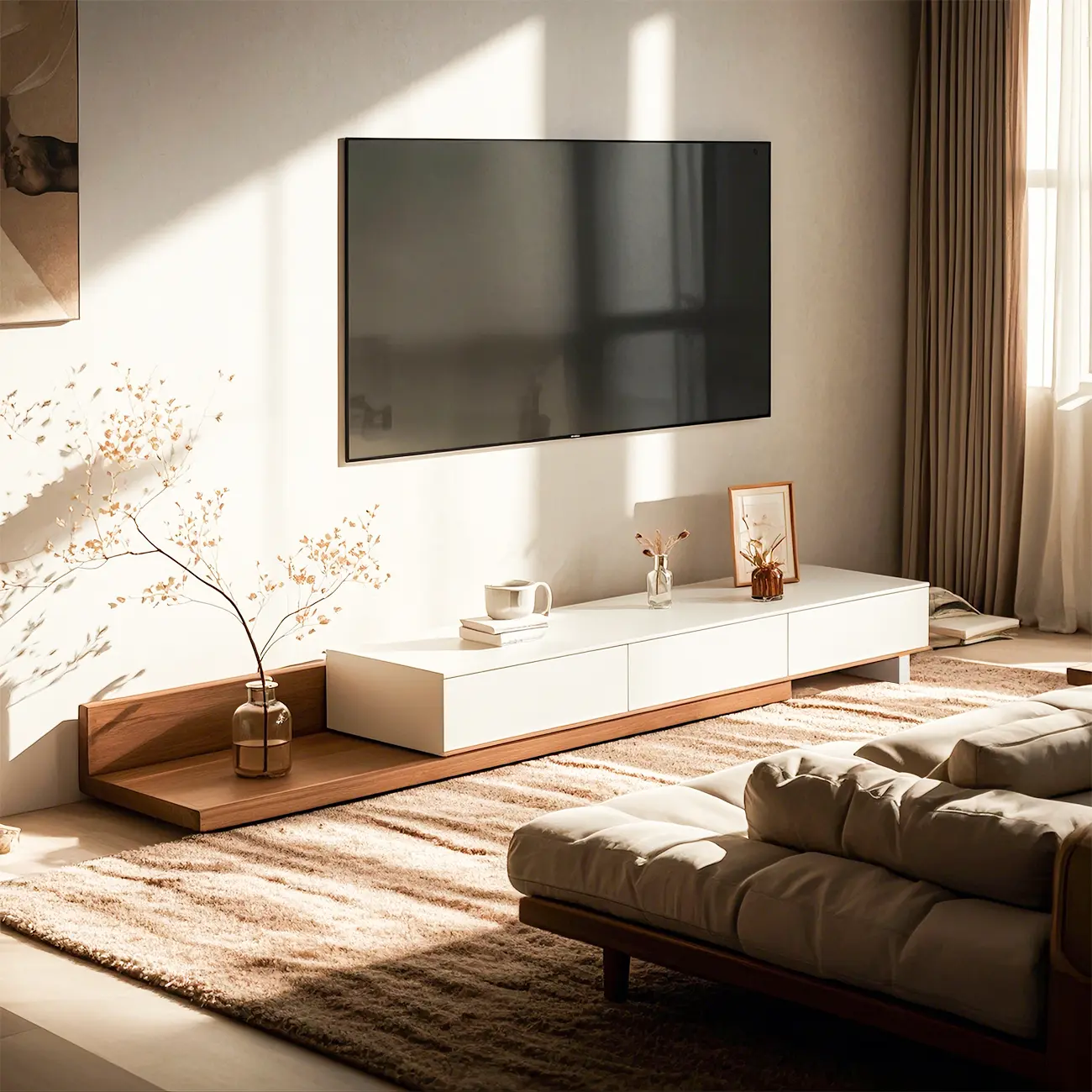 Natural Modern Long Wood Extended Shelf TV Stand with Drawer