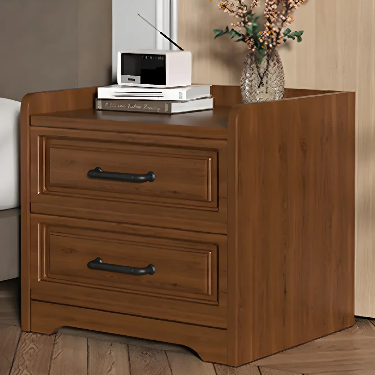Modern White Wooden Tray Top 2-Drawer Nightstand