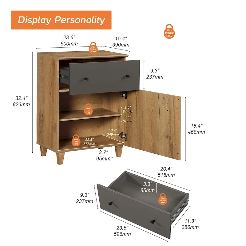 Bedroom Night Stand Bedside Table with Drawer and Cabinet, 32.4H