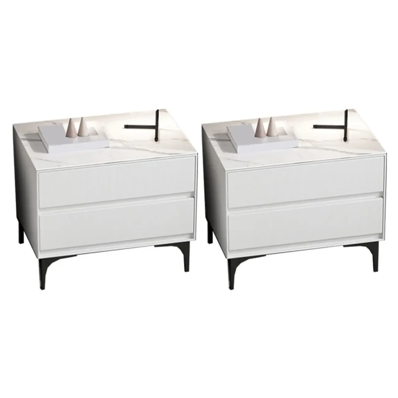 Modern Stone Top Faux Leather 2-Drawer Nightstand