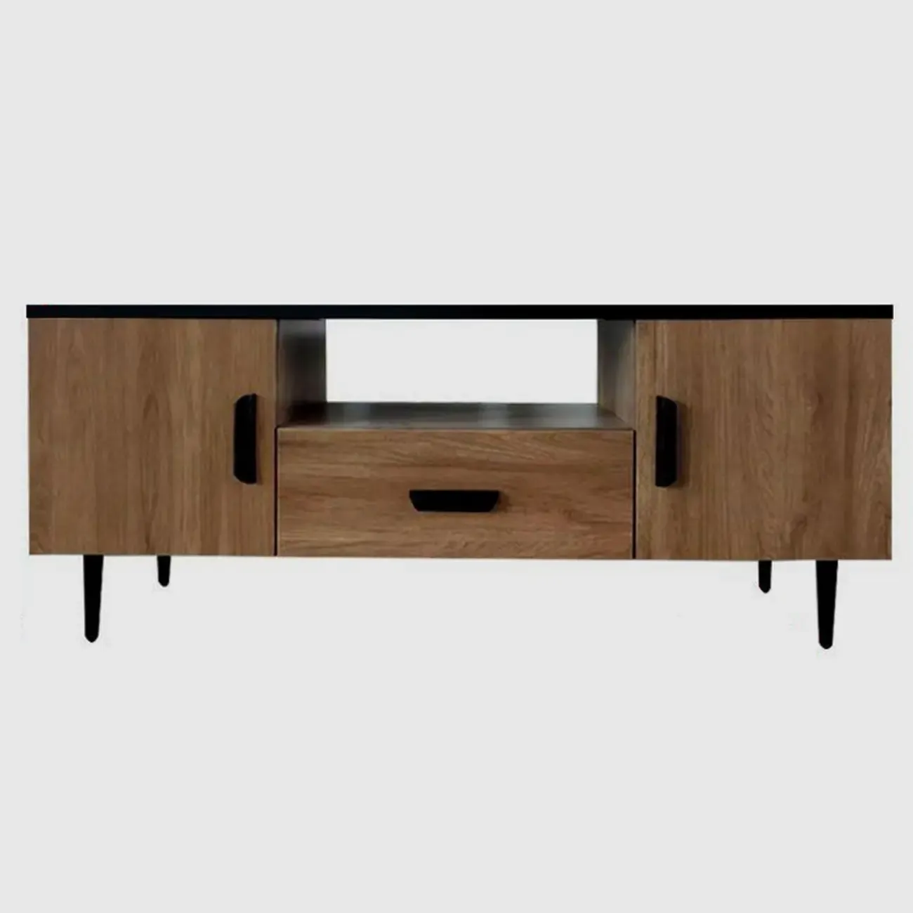 Brown Wood Media Shelf Cabinet TV Stand with Metal Legs