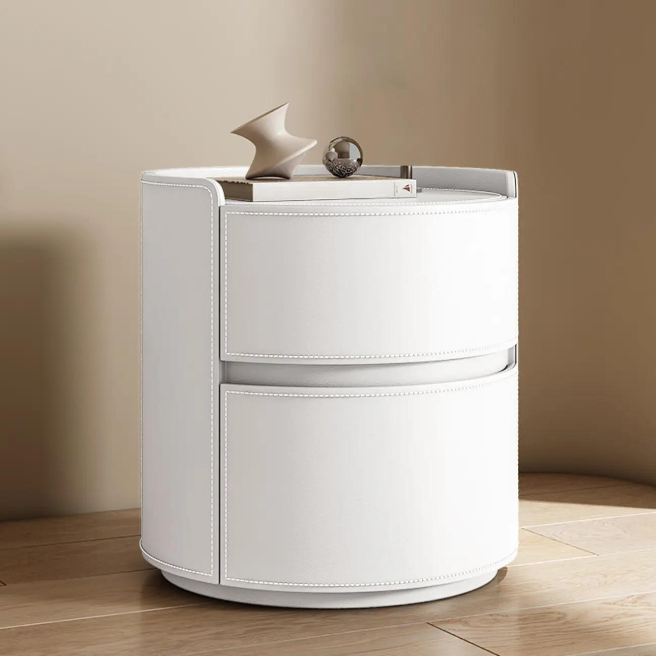 Modern Leather Tray Round 2-Drawer Nightstand