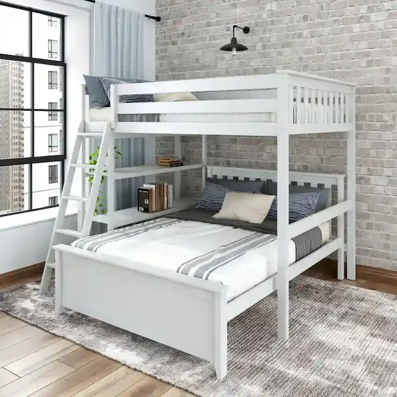 Plank and Beam L-Shaped Full over Full Bunk Bed with Bookcase