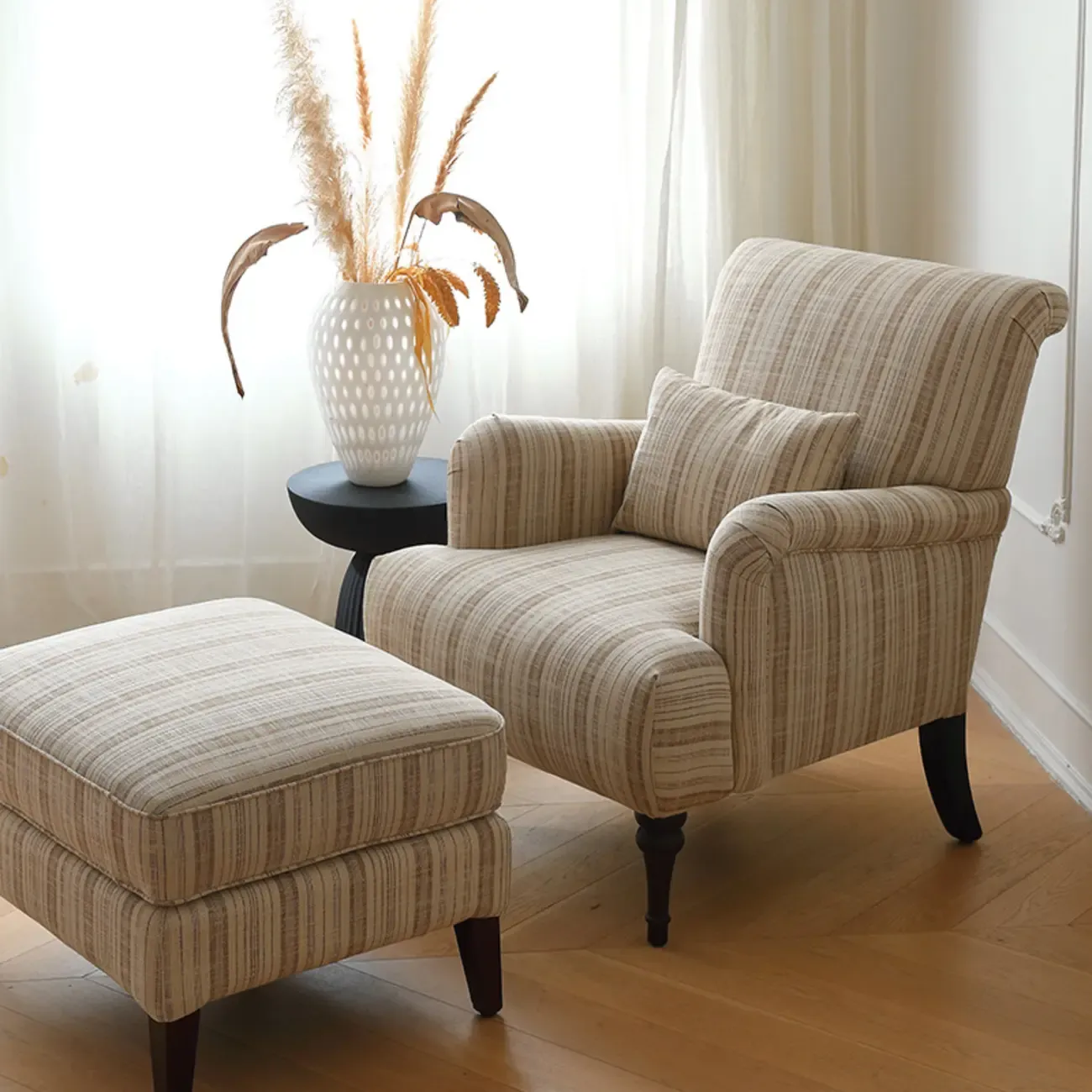 Striped Fabric Barrel Chair in Cerulean with Armrests