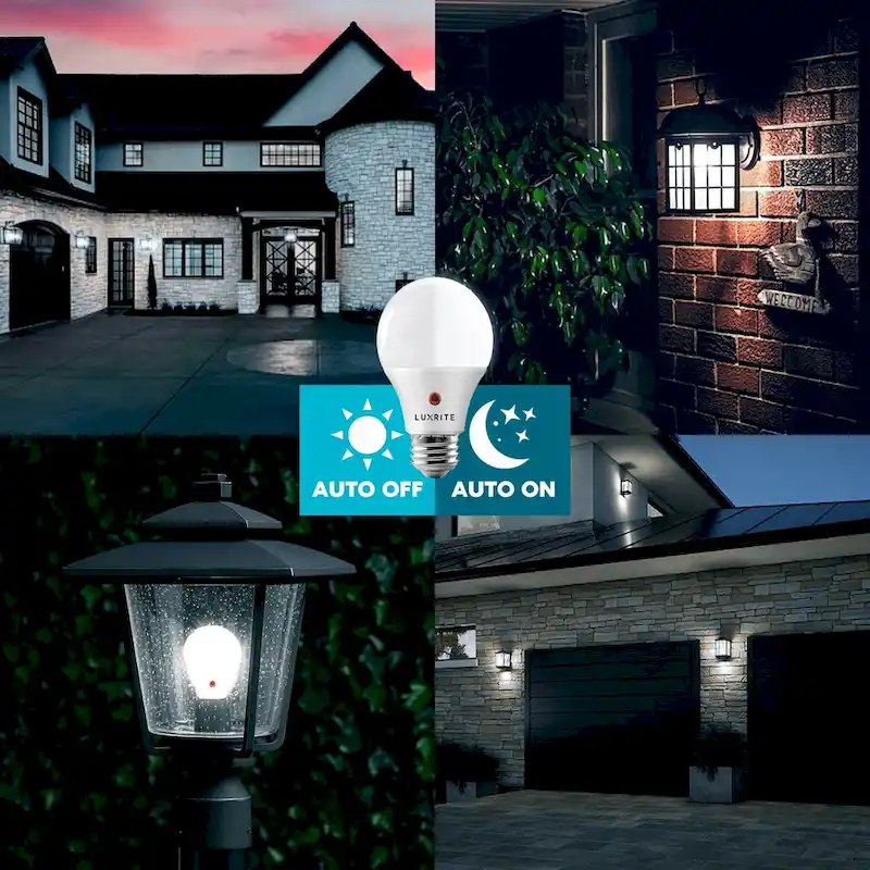 Luxrite A19 LED Dusk to Dawn Light Bulbs Lighting Enclosed Fixture Rated 800lm Damp Rated E26 4 Pack