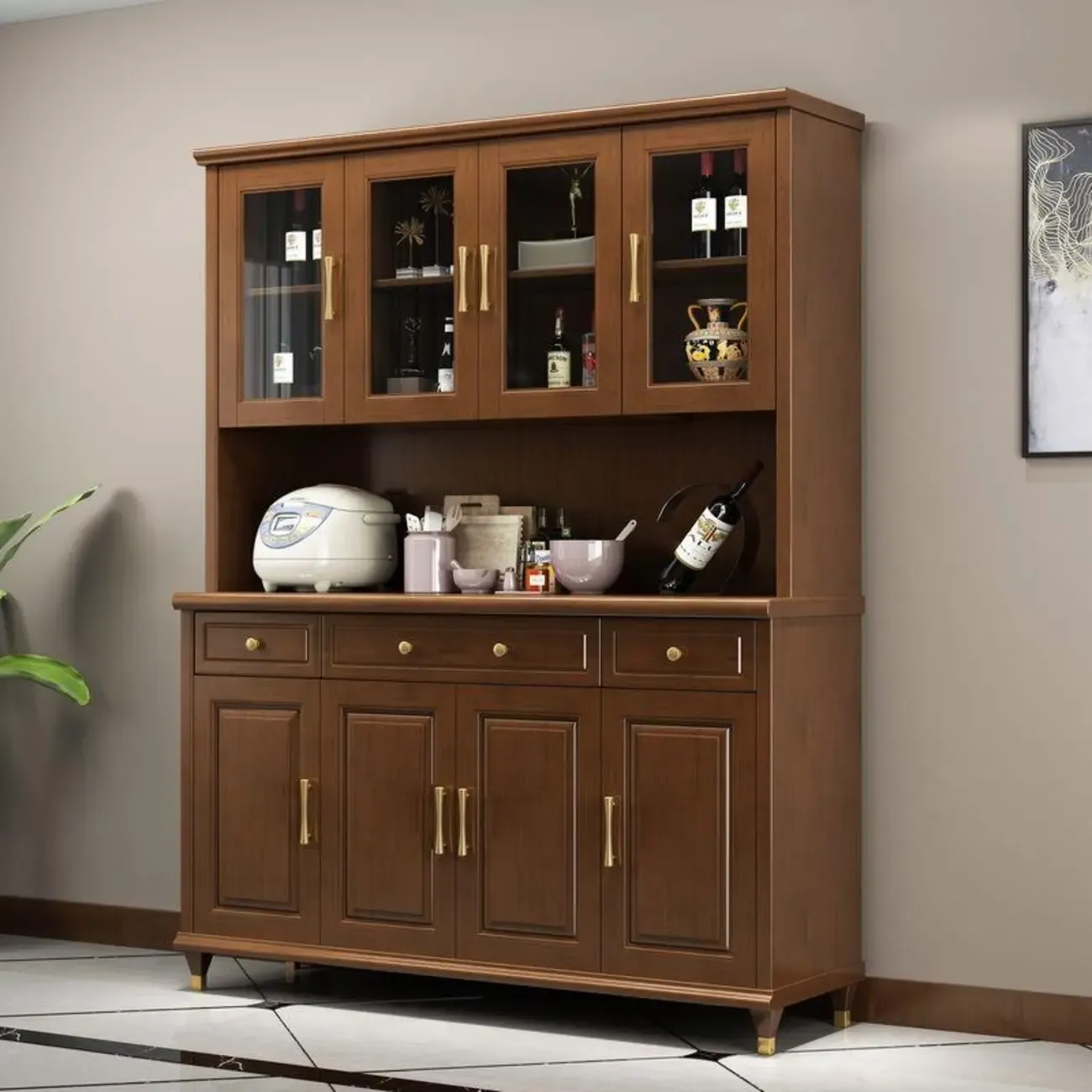 Kitchen Wooden White Cabinet Sideboard Built-in Wine Rack