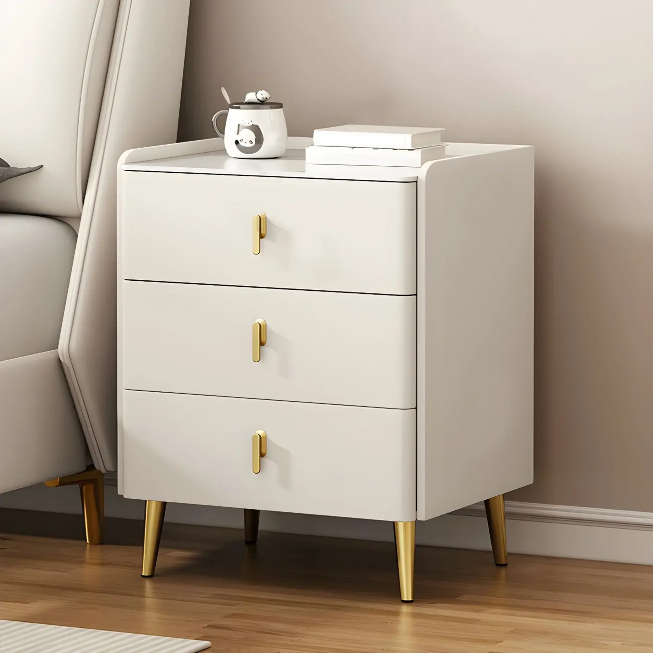 Modern Faux Leather 3 Drawers Nightstand with Stone Top