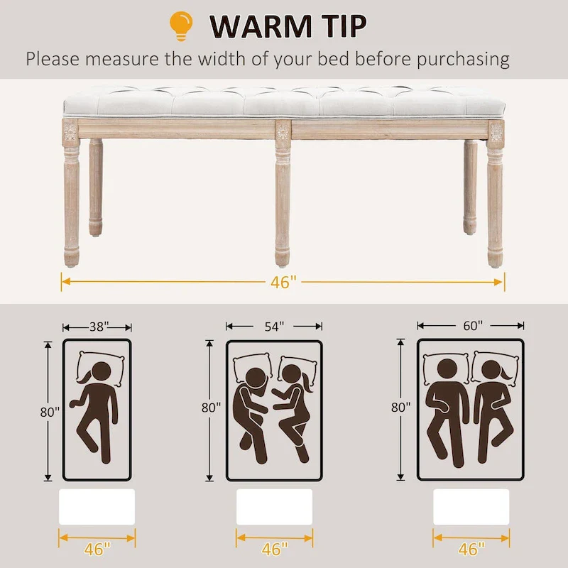 HOMCOM 46 Upholstered Cream White Bedroom End of Bed Bench with Button Tufted, Thick Padding and Wood Legs