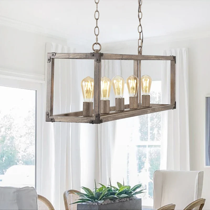 Zeniba 36  5-Light Linear Adjustable Iron Rustic Farmhouse LED Pendant, Brown by JONATHAN Y