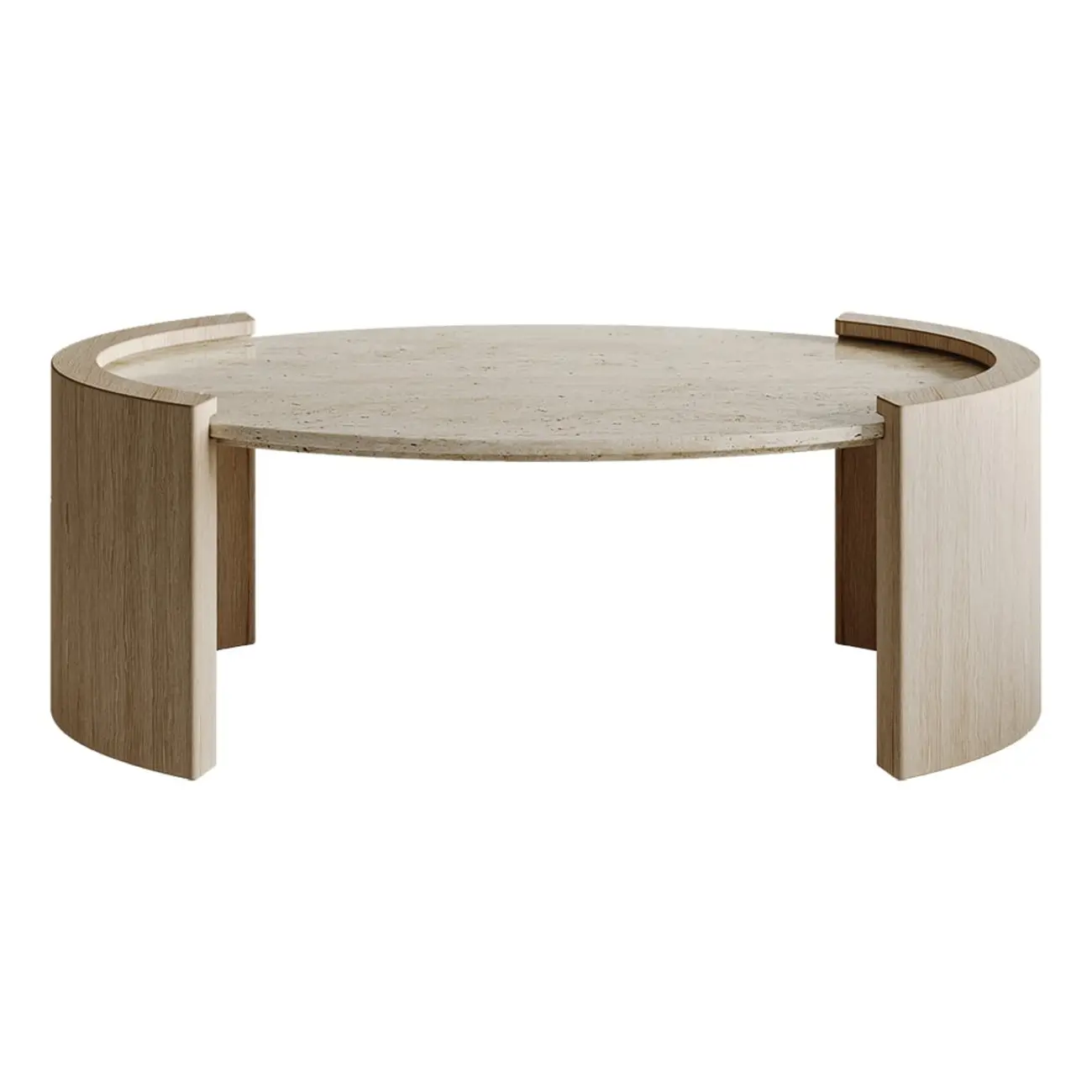 Japandi Oval Travertine Coffee Table in Double Pedestal