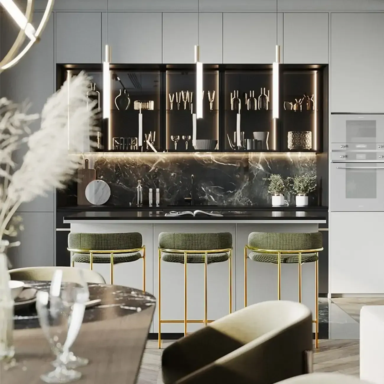 Art Deco Gold Green Cotton Upholstered Bar Stool