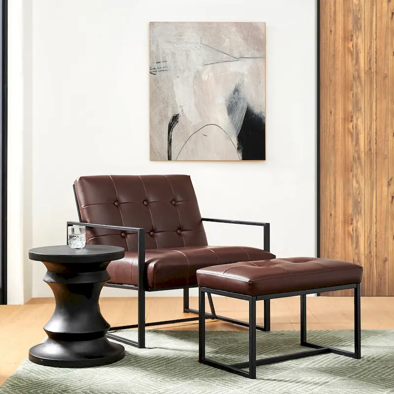 Glitzhome Modern PU Leather Tufted Accent Chair with Ottoman Set
